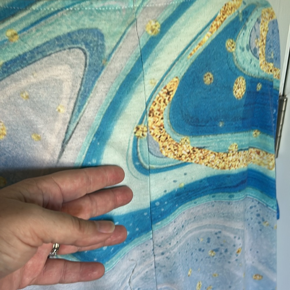 Aqua Blue & Gold Wavy Swirl Pattern Design Knit Top Short Sleeves Scoop Neck 5XL - Picture 10 of 16